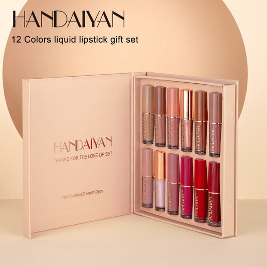 12-Shade Lipstick Set - Handaiyan™ Smudge Proof Velvet Matte Liquid Lipstick - Waterproof, Long-lasting, non-sticky formula