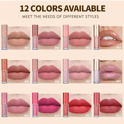 12-Shade Lipstick Set - Handaiyan™ Smudge Proof Velvet Matte Liquid Lipstick - Waterproof, Long-lasting, non-sticky formula